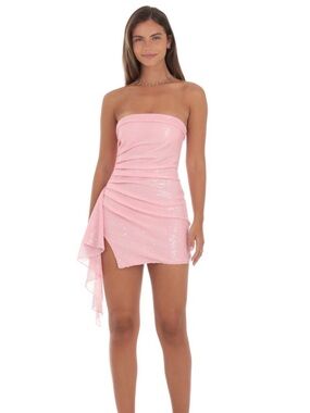 Lucy in the Sky Sequin Side Ruched Strapless Dress in Pink - Size Small